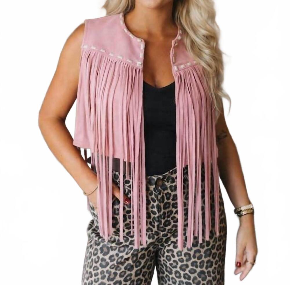 NEW LUCKY & BLESSED suede fringe vest with buck-stitch detail in soft pink